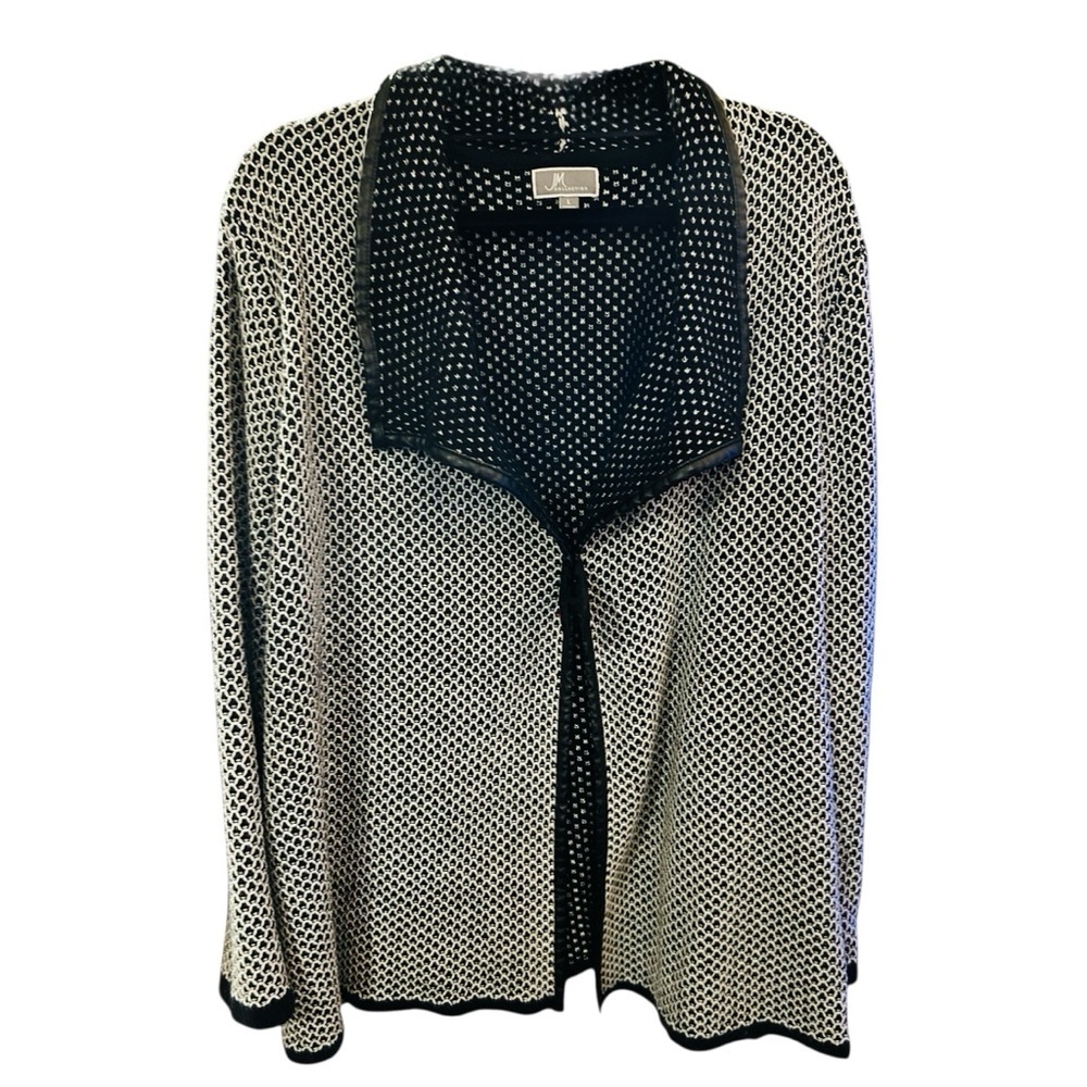JM Collection Black & White Geometric Jacket w/Black Faux Leather Trim Size L